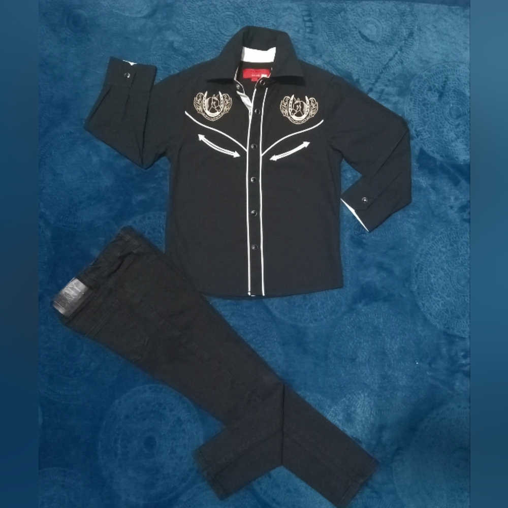 Boys size 6 blk. DKNY jeans with PATRON city blk. Long sleeve shirt.
